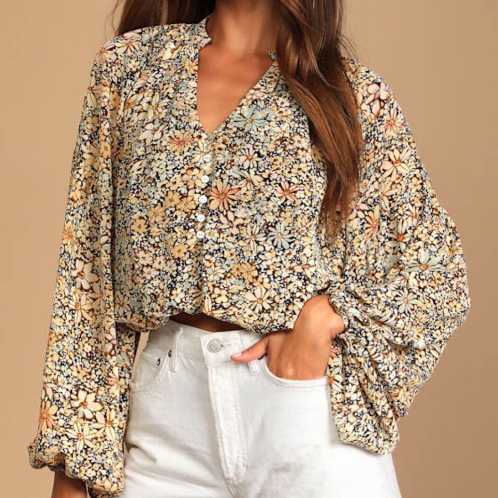 Lulus Season Of Blooms Cream Multi Floral Print Balloon Sleeve Top Beige